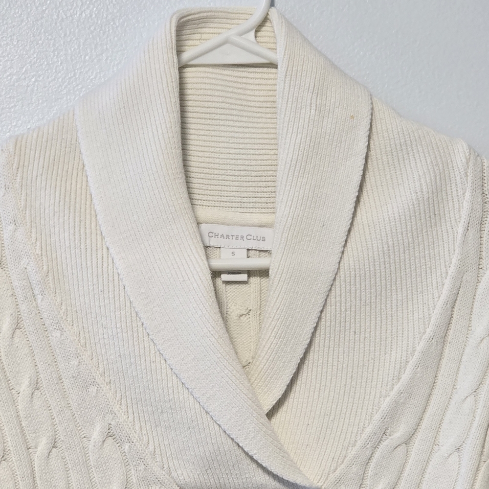 Charter Club Shawl Neck Cotton/Nylon Sweater Ivory/Creme Cable Knit Size S - Picture 4 of 11